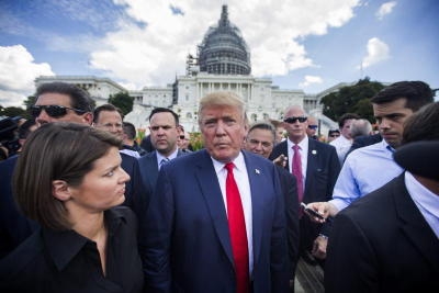Republican Presidential candidate Donald Trump speaks with members of the media before speaking at a Tea Party protest against the Iran Nuclear deal, on the West Front of the US Capitol in Washington, DC, USA, 09 September 2015. US President Barack Obama has already secured commitments from enough Senators to sustain a veto should Congress vote to kill the bill.