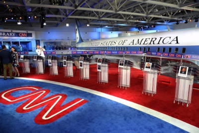 The Republic Party candidates' podiums in front of an Air Force One plane where the second Republican presidential debate will take place, at the Ronald Reagan Presidential Library in Simi Valley,