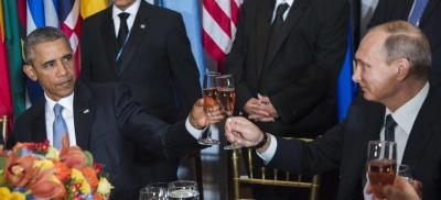 A handout picture provided by the United Nations (UN) on 29 September 2015 shows US President Barack Obama (L) and his Russian counterpart Vladimir Putin