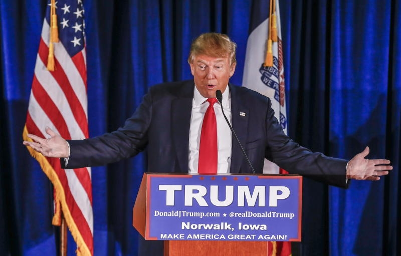 Businessman and Republican presidential hopeful Donald Trump speaks during a campaign appearance at The Wright Place in Norwalk, Iowa, 20 January 2016. The Iowa Caucus will be held 01 February 2016 and is the first official test of candidates seeing their parties nominations.
