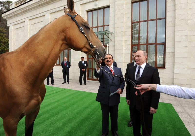 Russian President Vladimir Putin (R) and King of Bahrain Hamad bin Isa Al Khalifa ( L) seen at the Bocharov Ruchei residence, during the ceremony of handing over the Akhal-Teke stallion.