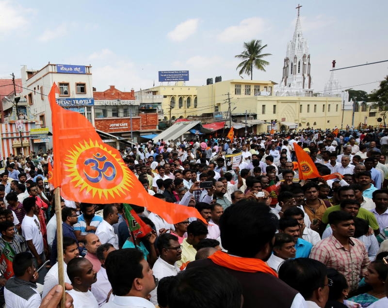 <p>Members of the Bharatiya Janata Party and their associated wing Rashtriya Swayamsevak Sangh (RSS) took out to the streets to condemn the murder of BJP and RSS leader Rudresh R. in Bangalore, India on 17 October 2016. Rudresh was killed by two unidentified men wearing black masks generally used by Jihadi assassins on his return from a 'patha sanchalana' (route march) on 16 October.</p>