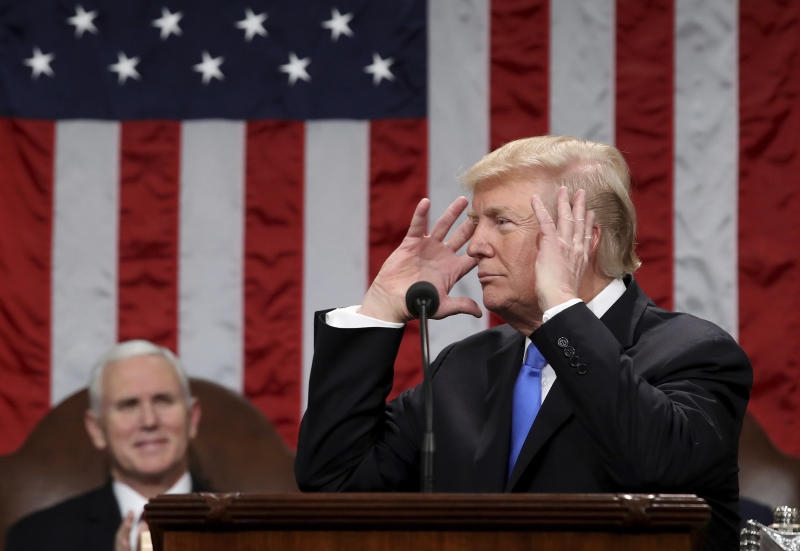 <p>30.01.2018, USA, District of Columbia, Washington: US-Präsident Donald Trump gestikuliert in der Kammer des Repräsentantenhauses im Kapitol während seiner ersten Rede «Zur Lage der Nation». Hinter ihm sitzt Vizepräsident Mike Pence (l). Foto: Win Mcnamee/Pool Getty Images/AP/dpa +++ dpa-Bildfunk +++</p>